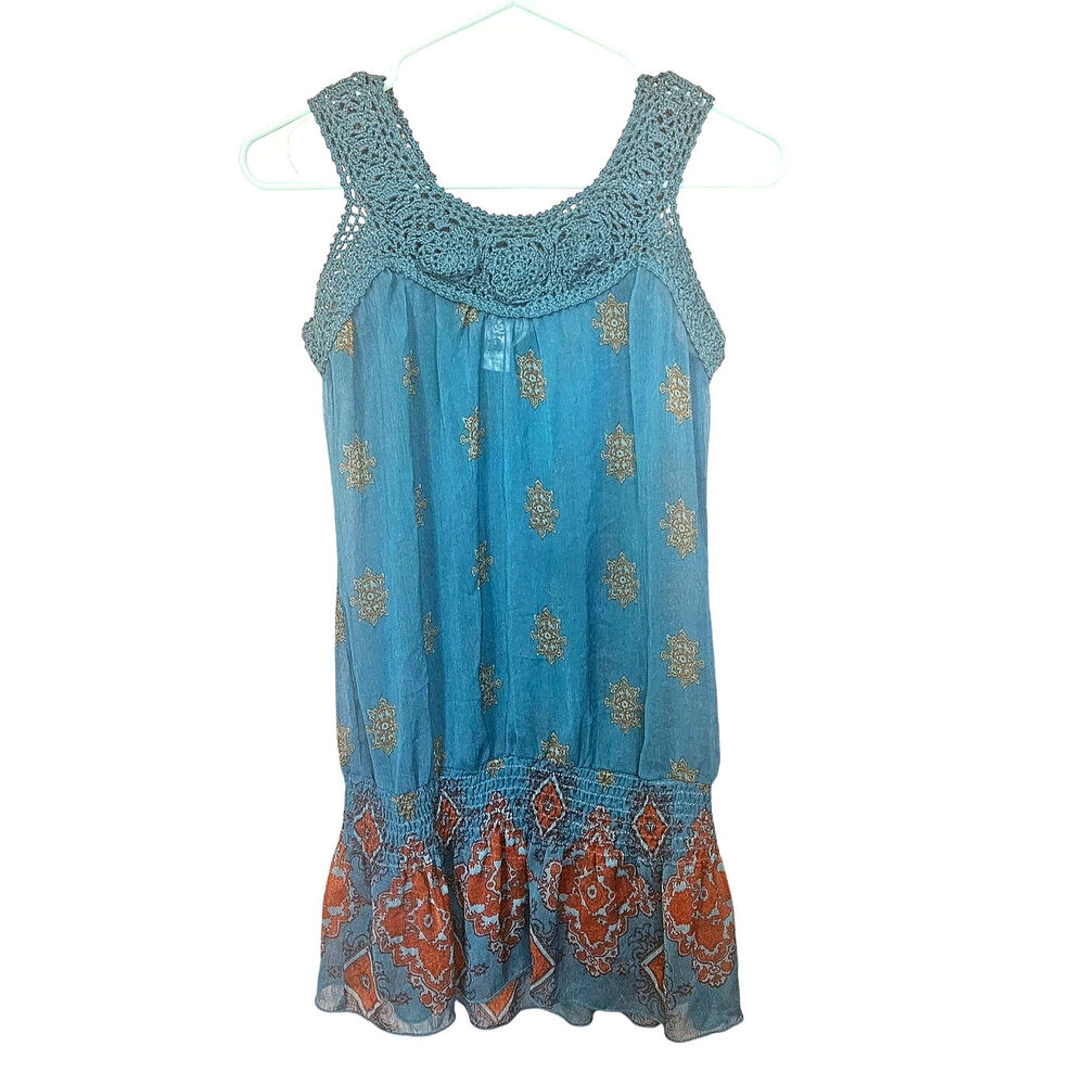 L8ter Size Small S Boho Tunic Top Blouse Crochet blue Orange Brown Sheer Indie